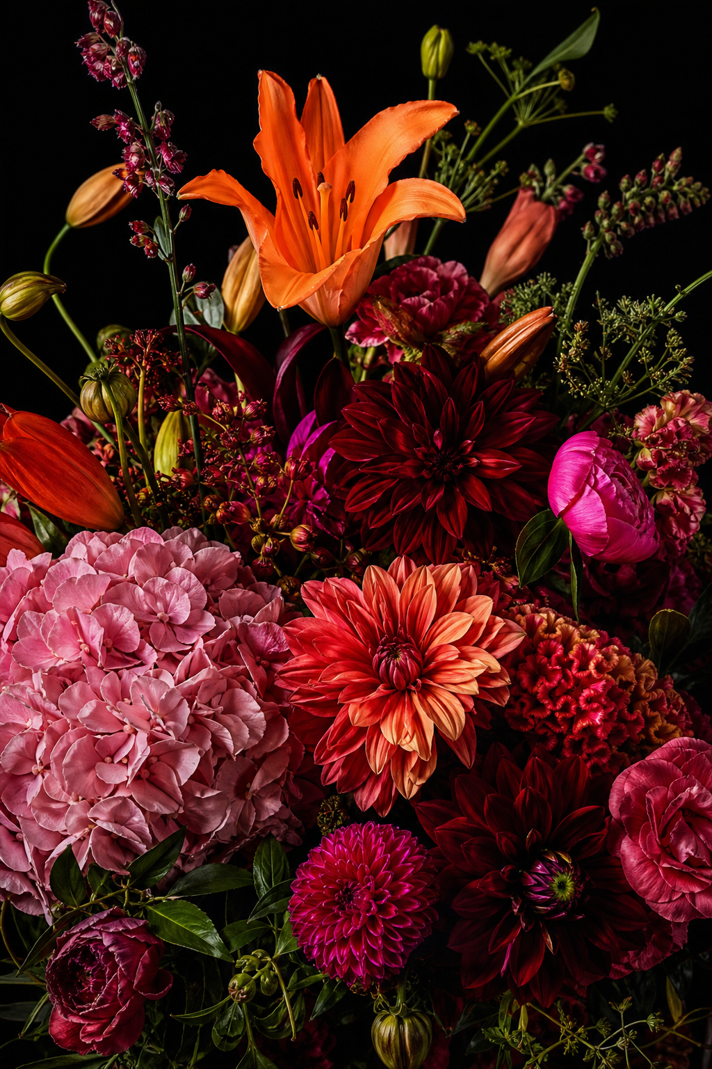 Kraftvolles, üppiges Blumenarrangement in Orange, Pink und tiefem Burgunder vor schwarzem Hintergrund