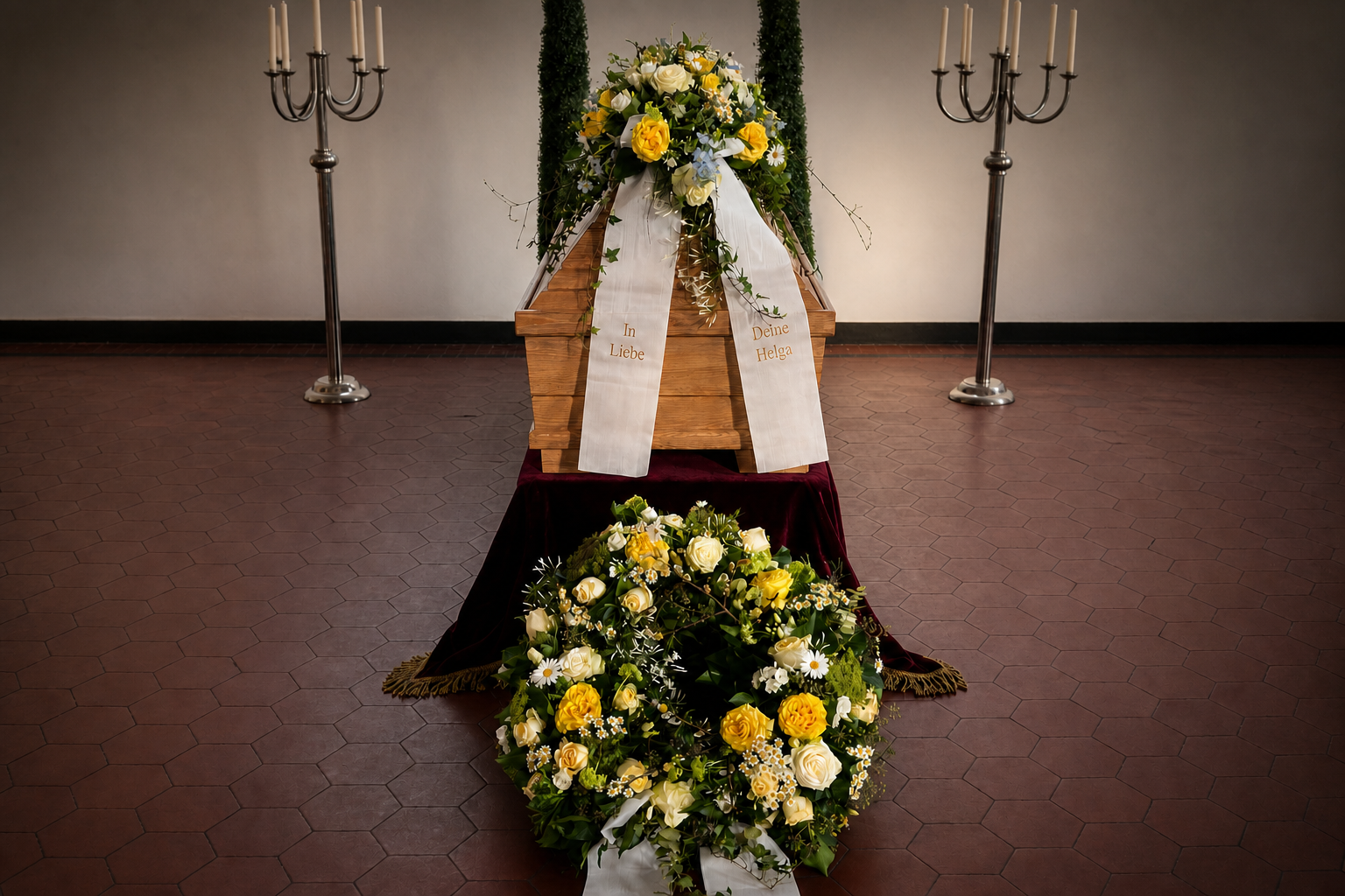 Würdevolle Sargdekoration mit gelben und weißen Rosen sowie natürlichem Grün